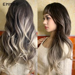 Synthetic Long Water Wave Hair Wigs Natural Ombre Brown to Platinum Blonde Wigs for Women Cosplay Heat Resistant Fibre Wigfacto