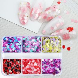 Nail Art Decorations 6 Grids Pink Hearts Glitter Sequins Pearl Love Heart Paillettes Valentine's Day Manicure Luxury Parts