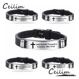 Jelly New Design Bible Verse Bracelets For Men Sile Bibles Quotes Christian Prayer Cross Bangle Stainless Steel Bracelet Drop Delive Dhvnr