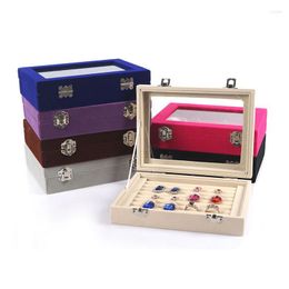 Jewelry Pouches 7 Color 8 Booths Velvet Carrying Case With Glass Cover Ring Display Box Tray Holder Storage Organizer