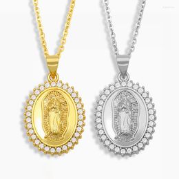 Pendant Necklaces FLOLA Oval Virgin Mary Necklace For Women CZ Gold Plated Chain Zirconia Catholic Jewellery Virgen De Guadalupe Nket90