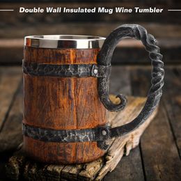 Mugs 500/600ml Viking Wood style Beer Mug Christmas Gift Simulation Wooden Barrel Beer Cup Double Wall Drinking Mug Metal Insulated 230609