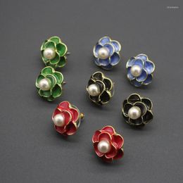 Stud Earrings Floral Multicolor Drop Glaze Spring Style Camellia Pearl Female Korean Simple Temperament Personality Earring