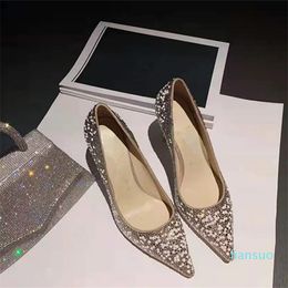 Sapatos sociais femininos de designer de luxo Cinderela de alta qualidade salto alto de cristal sexy pontiagudo sola de couro feminino sapatos de barco 8,5 cm 35-42