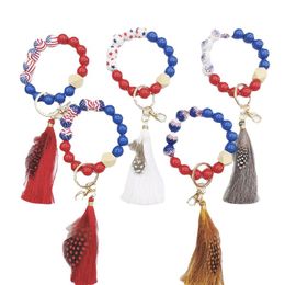 Creative Acrylic Beads Elastic Bangle Bracelet Keychain Womens Tassel Wristlet Keychains