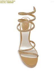 Shoe embellished Crystal Women Sandals Leather Wrap Platform Gold Party Shoes Fashion Comfort Round High Heel Sandal sGMUIad530