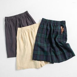 Women's Shorts Pure Linen Elastic Waist And Loose Quarter Pants. Apricot Dark Grey Woven Green Plaid 230403
