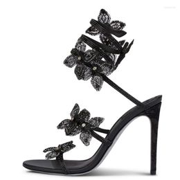 Sandals Shiny Diamonds Flower High-end Women's Banquet Stiletto High Heels Sexy Ankle Twist Straps Round Open Toe Dress Shoes