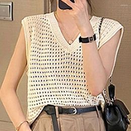 Women's Blouses Thin Hollow V-neck Ice Silk Knitted Blouse For Women Summer 2023 Outwear Shirts Casual Tank Tops Loose Sleeveless T-shirt