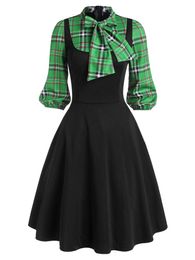 Women Plaid Faux Twinset Dress Casual Bow Tie Neck Pussy Bow High Waist Combo 1950s Dress Party