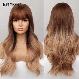 Synthetic Long Wavy Ombre Brown Blonde Wigs with Bangs Natural Wig for African Women Heat Resistant Cosplay Hair Wigsfactory di