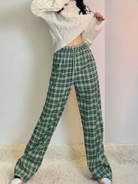 Damenhose Capris Damenhose Lose breite Y2K-Beinhose Retro Teenager Gerade Hiphop Goth koreanische Kleidung Grün kariert Übergroß 230609