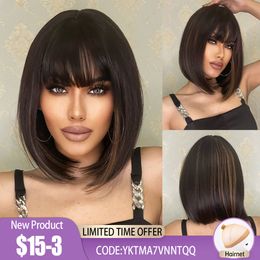 Short Straight Synthetic Wigs with Bang Natural Brown Black Hair Wig for Women Cosplay Party Heat Resistant Wigfactory direct