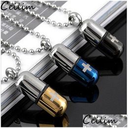 Pendant Necklaces Fashion Mens Punk Open Capse Necklace Per Bottle Pill Cross Stainless Steel Pendants Chain For Women Jewellery Creat Dhd9B