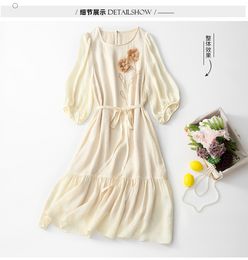 Summer Ivory Solid Colour Beaded Silk Dress 3D Flowers 3/4 Sleeve Round Neck Belted Knee-Length Casual Dresses C3A255048