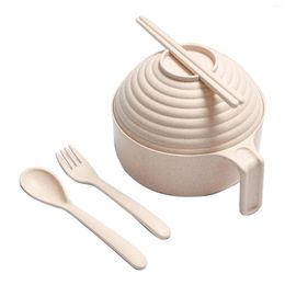 Dinnerware Sets Large Degradable Multifunctional Instant Noodle Wheat Straw Home Kitchen Cutlery Dessert Salad Bowl Set With Lid Handle