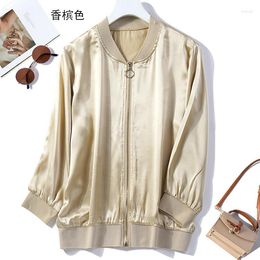 Women's Jackets Women Mulberry Silk Black White Solid Color Zip Up Bomber Coat Top JN805