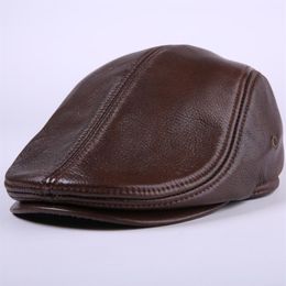 Cowhide Genuine Leather newsboy cap middle aged and old man vintage flat cap ear protection beret hat305S