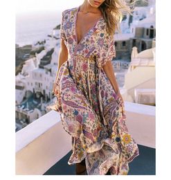 Happie Queens Women Floral Print Bat Sleeve Beach Bohemian Maxi Dress Ladies V-neck Tassel Rayon Summer Boho