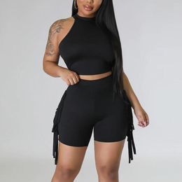 Women's Tracksuits Sexy Matching Set Crop Tee Top & High Waist Elastic Tassel Shorts Women 2pcs Clothes Sleeveless Halter-Neck Casual