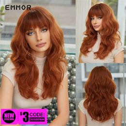 EMMOR Synthetic Ombre Copper Red Brown Wig Medium Long Wavy Hair with Bangs for Women Heat Resistant Daily Cosplay Party Wigsfac