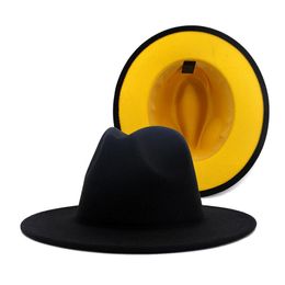 Black with Yellow Bottom Patchwork Panama Wool Felt Jazz Fedora Hats with Black Felt Band Party Cowboy Trilby Gambler Hat245r