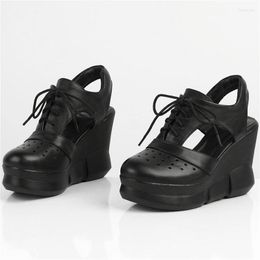 Sandals Fashion Sneakers Women Lace Up Cow Leather Platform Wedges High Heel Gladiator Roman Female Round Toe Summer Pumps Shoes