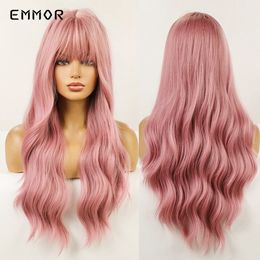 Long Body Natural Pink Wig for Women Synthetic Wavy Wigs with Bangs Fashion Heat Resistant Fibre Cosplay Party Hair Wigfactory