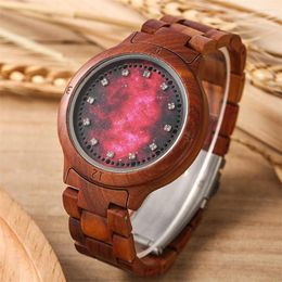 Wristwatches LED Lights Display Romantic Red Starry Sky Ladies Wood Watch Creative 2023 Women's Wooden Timepiece Folding Clasp
