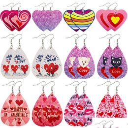 Charm Valentines Day Leather Earrings For Women Heart Love Red Lips Double Sided Printed Dangle Fashion Jewellery Drop Delivery Dh7Vb