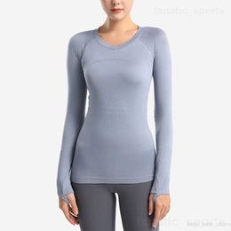 Woman Yogas Workout Tshirt Top Stretch Training T-Shirts Long Sleeve Round Neck Running Tee Shirts Quick Dry Gym Swiftly Tech Tops Tight