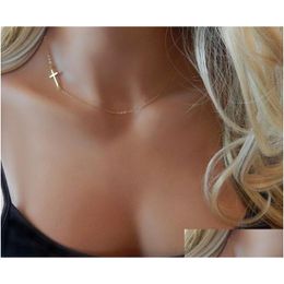 Pendant Necklaces Stainless Steel Gold Plated Jesus Tiny Sideways Cross Necklace Dainty Jewellery For Women Drop Delivery Pendants Dh4Zs