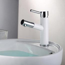 Bathroom Sink Faucets SKOWLL Facuet With Pull Out Sprayer Deck Mount Vanity Faucet Single Handle Lavatory White