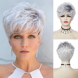 Synthetic Short Wig Ombre Silver Grey Wigs for Women Natural Hair with Bangs Old Lady Wig Hairstyle Mommy Wig Cap Giftfactory d