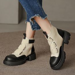 Leather Ankle Boots Women 2023 Spring New British Style Retro Thick Bottom Thick Heel Biker Boots Anti-slip Fashion Boots Women