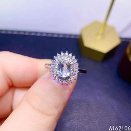 Cluster Rings 925 Pure Silver Chinese Style Natural Aquamarine Women's Luxury Vintage Flower Adjustable Gem Ring Fine Jewellery Support Detect