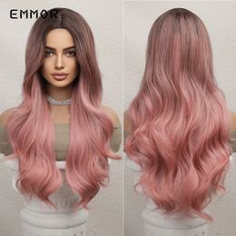 Synthetic Ombre Brown to Pink Wigs Long Wavy Part Wave Hair Wig for Women Natural Wavy Heat Resistant Cosplay Wigsfactory dire