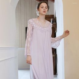 Women's Sleepwear French Mesh Autumn Nightdress Women Thin Long-sleeve Retro Court Lace Loose Long Nightgowns V-Neck Solid Sleepshirts Dress