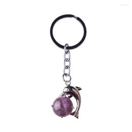 Keychains FYJS Unique Christmas Gift Silver Plated Circle Amethysts Stone Lovely Dolphin Key Chain Green Aventurine Jewelry