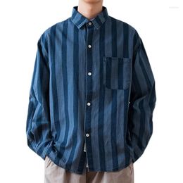 Men's Casual Shirts Men Vertical Stripe Blue Shirt Long Sleeves Japan Style Turn Down Collar 95% Cotton Loose