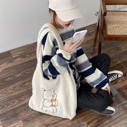 Evening Bags Women Canvas Shoulder Bag Warm Plush Cloth Fabric Handbag Soft Cotton Tote Large Capacity Embroidery Bear Book For Ladies