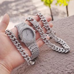 Chains Hip Hop Rapper Iced Out Watch For Men Paved Rhinestones 12MM Miami Curb Cuban Chain CZ Bling Necklaces Mens Jewellery