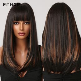 Synthetic Wigs with Bangs Long Body Loose Wave Wigs for Women Ombre Brown to Dark Black Heat Resistant Cosplay Lolita Wigsfacto