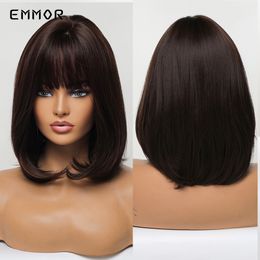 Synthetic Wigs Dark Brown Hair Wig with Bangs for Women Short Straight Bob Wigs Heat Resistant Fibre Cosplay Daily Wigingfactor