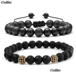 Beaded Round Ball Cz Zircon Crown Charm Bracelet Strands Pave Black Lava Stone Beads Weaving Bracelets For Women Mens Drop Delivery J Dhwhc