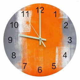 Wall Clocks Orange Grey Abstract Oil Painting Texture Luminous Pointer Clock Home Ornaments Round Silent Living Room Decor