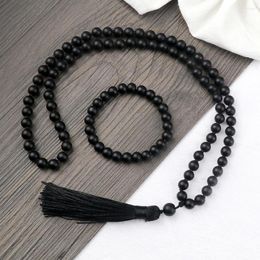 Necklace Earrings Set 6MM 8MM Lava Black Matte Polish Bead Bracelet Prayer Meditation Tassel Pendant Bangles&Pulsera Jewellery