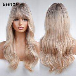 Synthetic Ombre Brown to Blonde Long Wig with Bangs for Women Cosplay Natural Water Wavy Heat Resistant Wigsfactory direct