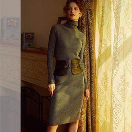Casual Dresses Wool Knited Dress Women Style Long Sleeves Turtleneck Waist Mid-length 4 Colours Autumn Fashion