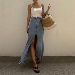 Skirts 2023 Women Slim Cut Denim Midi Long Fashion High Split Vintage Waist Autumn Causal Elegant A-Line